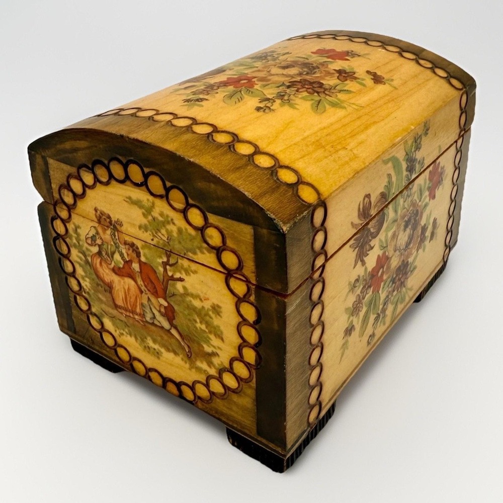 Vintage Polish Pyrography Wood Trinket Jewelry Box Folk Art Floral Decoupage